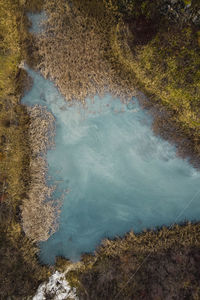 Aerial view of lake amidst field