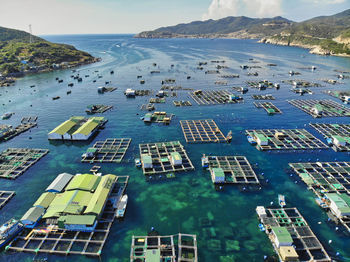 High angle view of boats in bay