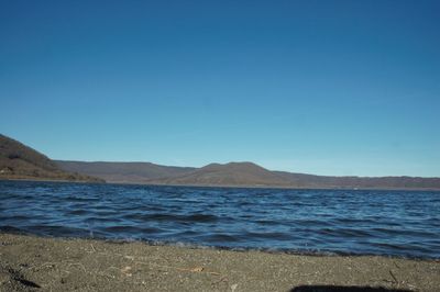 Scenic view of sea against clear blue sky