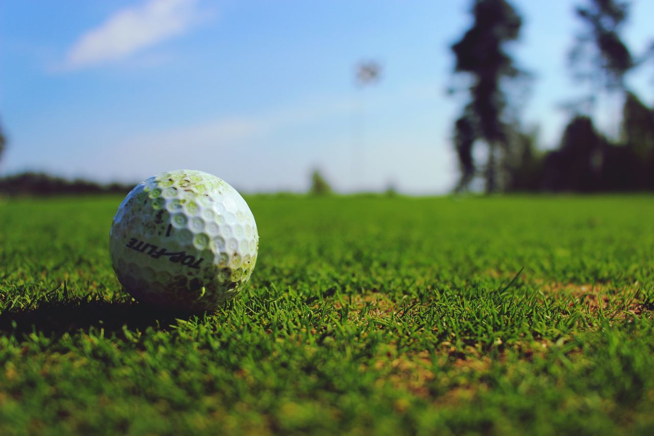 ball, green color, grass, golf ball, selective focus, plant, golf, sport, close-up, day, golf course, activity, leisure activity, nature, no people, land, outdoors, field, green - golf course, sphere, surface level