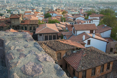 High angle view of old buildings in city