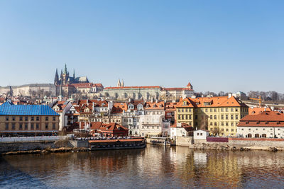 River amidst buildings in city against clear sky