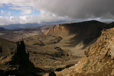 Scenic view of dramatic landscape against cloudy sky