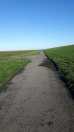 Road amidst field against clear sky