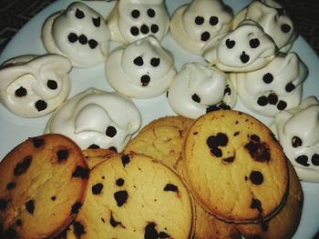 High angle view of cookies in plate