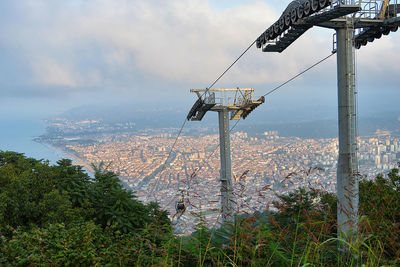 Low angle view of overhead cable car against sky