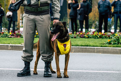 Low section of man with dog standing in city