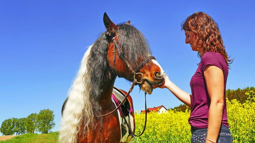 Side view of woman touching horse on field against clear blue sky during sunny day