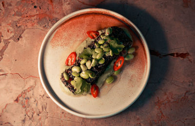 High angle view of food in bowl on table