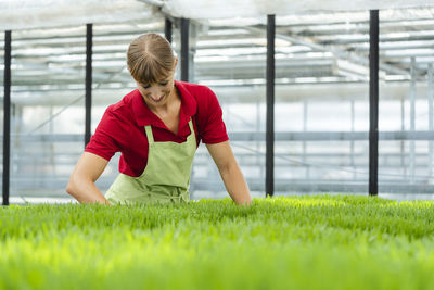 Woman working on grass in plant nursery