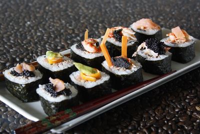 High angle view of sushi in plate