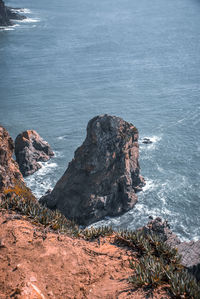 High angle view of rocks on sea shore