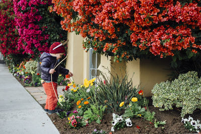 Woman by flowering plants