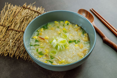 High angle view of soup in bowl