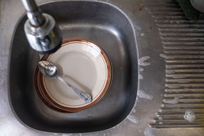 High angle view of water in container at home