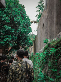 Rear view of people walking on plants