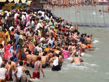 High angle view of crowd in river