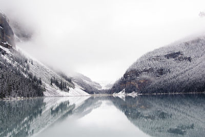 Scenic view of lake by snowcapped mountains against sky