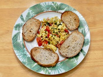 High angle view of breakfast on table