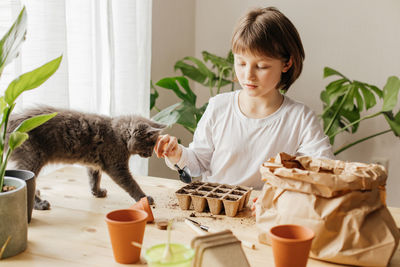 A girl with a kitten plants seeds in peat pots. funny pets. transplanting and growing plants at home