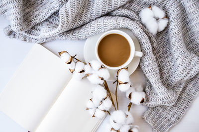 Cup of coffee with cotton plant notebook cinnamon sticks and anise star on white background. sweater 