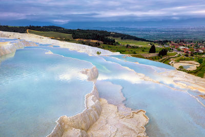 High angle view of land against cloudy sky