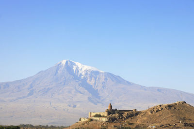 Scenic view of snowcapped mountain against blue sky