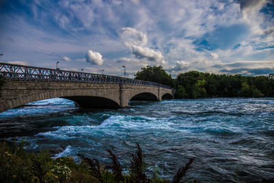 Bridge over river against cloudy sky