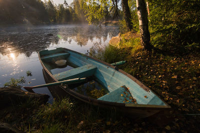 Boat moored on lake amidst trees in forest