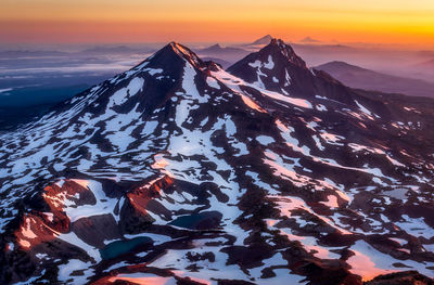 Scenic view of snowcapped mountains against sky during sunset