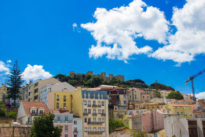 Houses in town against blue sky