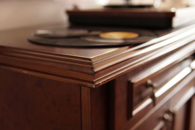 Close-up of records on table