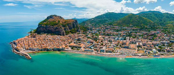 Aerial scenic view of the cefalu, medieval village of sicily island