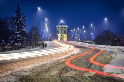 Light trails on road at night