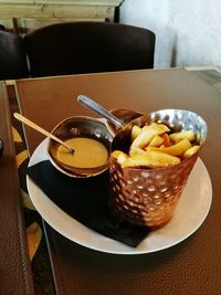 Close-up of dessert served on table