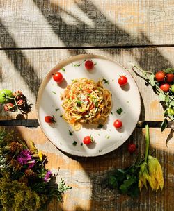 High angle view of food in plate on table