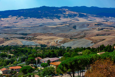 High angle view of landscape and mountains