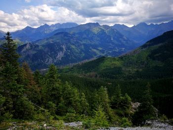 Scenic view of green landscape and mountains against sky