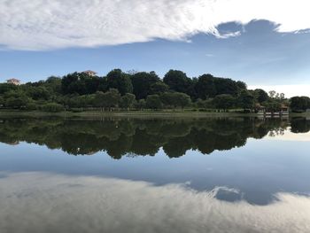 Scenic view of lake against cloudy sky