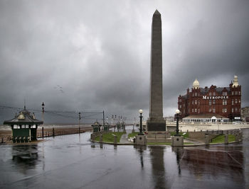 Buildings in city during rainy season