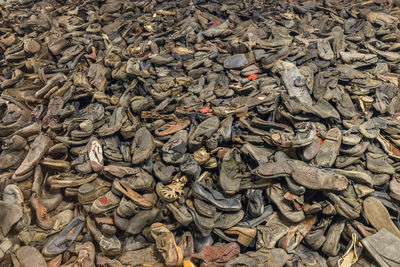 Boots of victims in the auschwitz - birkenau concentration camp. oswiecim, poland, 17 july 2022