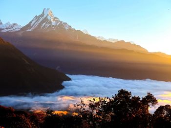 Scenic view of mountains against sky at sunset