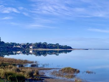 Scenic view of lake against blue sky