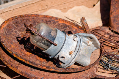 High angle view of old rusty metal