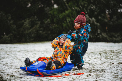 High angle view of people in snow