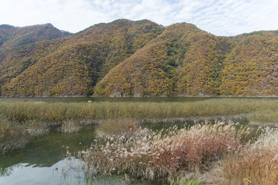 Scenic view of lake by mountains against sky