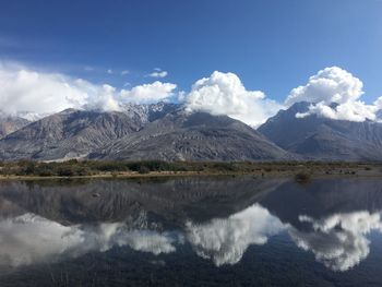 Scenic view of lake and mountains against sky