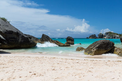 Rocks on beach against sky