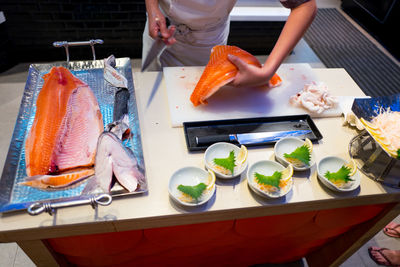 High angle view of sushi on table