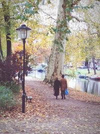 Rear view of people walking on street in park